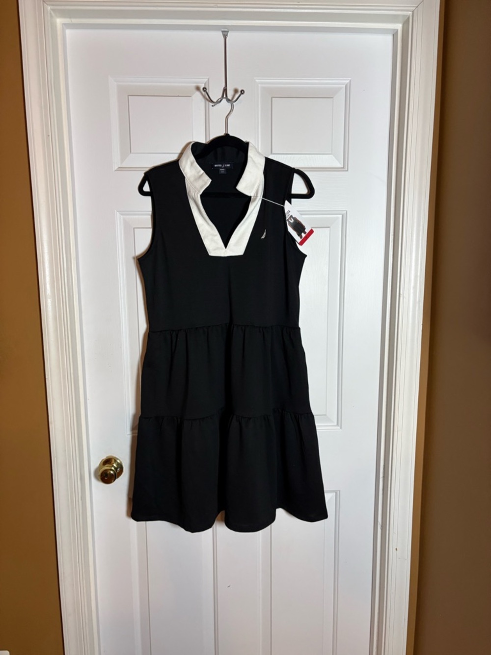 Nautica women’s Black Tiered Polo Dress with White Collar